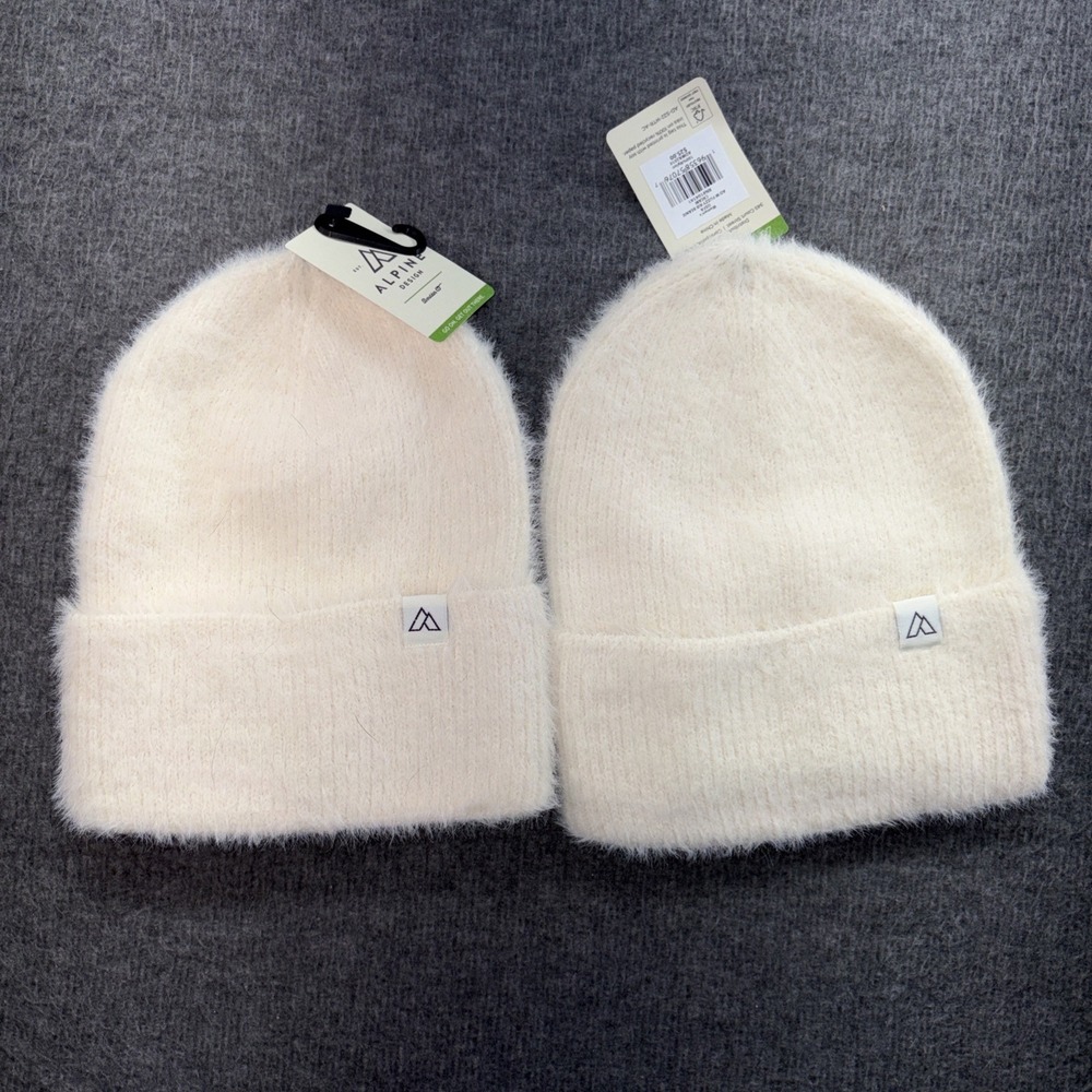 Lot Of 2, Alpine Design Women's Fuzzy Rib Beanie One Size Cream NWT 18449